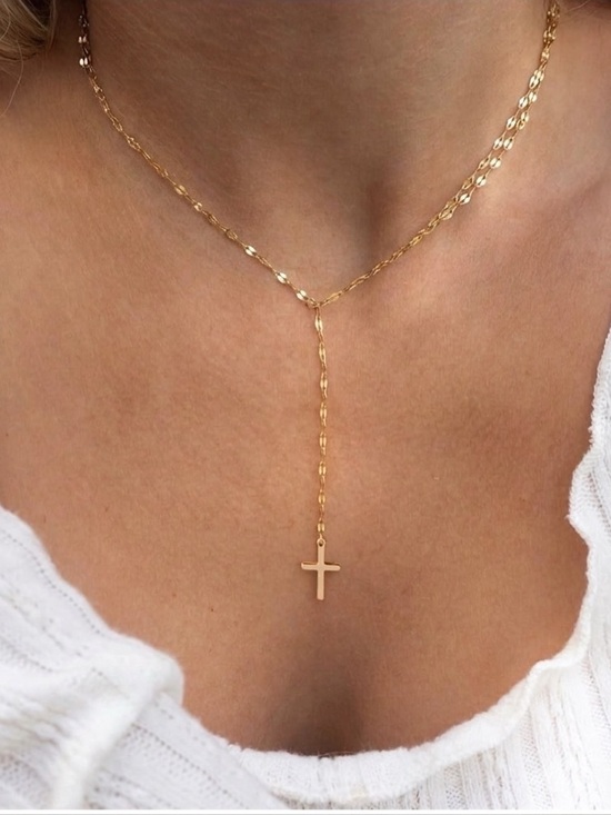 KB Jewelry - 18K Gold Plated dainty Cross Lariat Necklace Stainless Steel Womens Jewelry